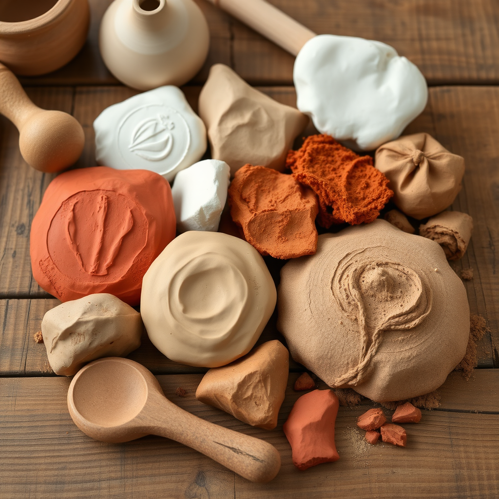 Various types of Japanese clay including red, white, and brown clay samples displayed on a wooden table with traditional pottery tools