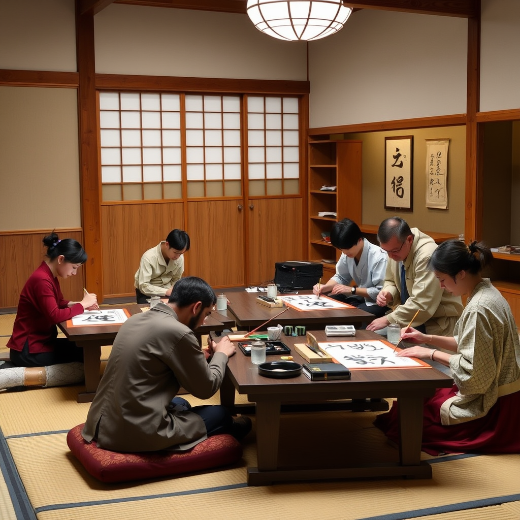 Japanese calligraphy workshop scene showing students seated at low tables practicing brush strokes while an experienced instructor provides individual guidance in a traditional tatami room